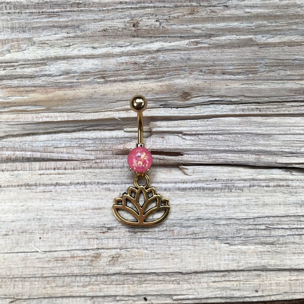 Pink Opal Gold Lotus‎ Belly Button Ring